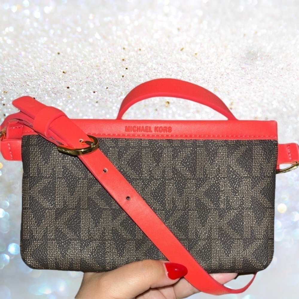 MICHAEL Michael Kors Brown/Red Signature Coated Canvas and Leather Belt Bag
